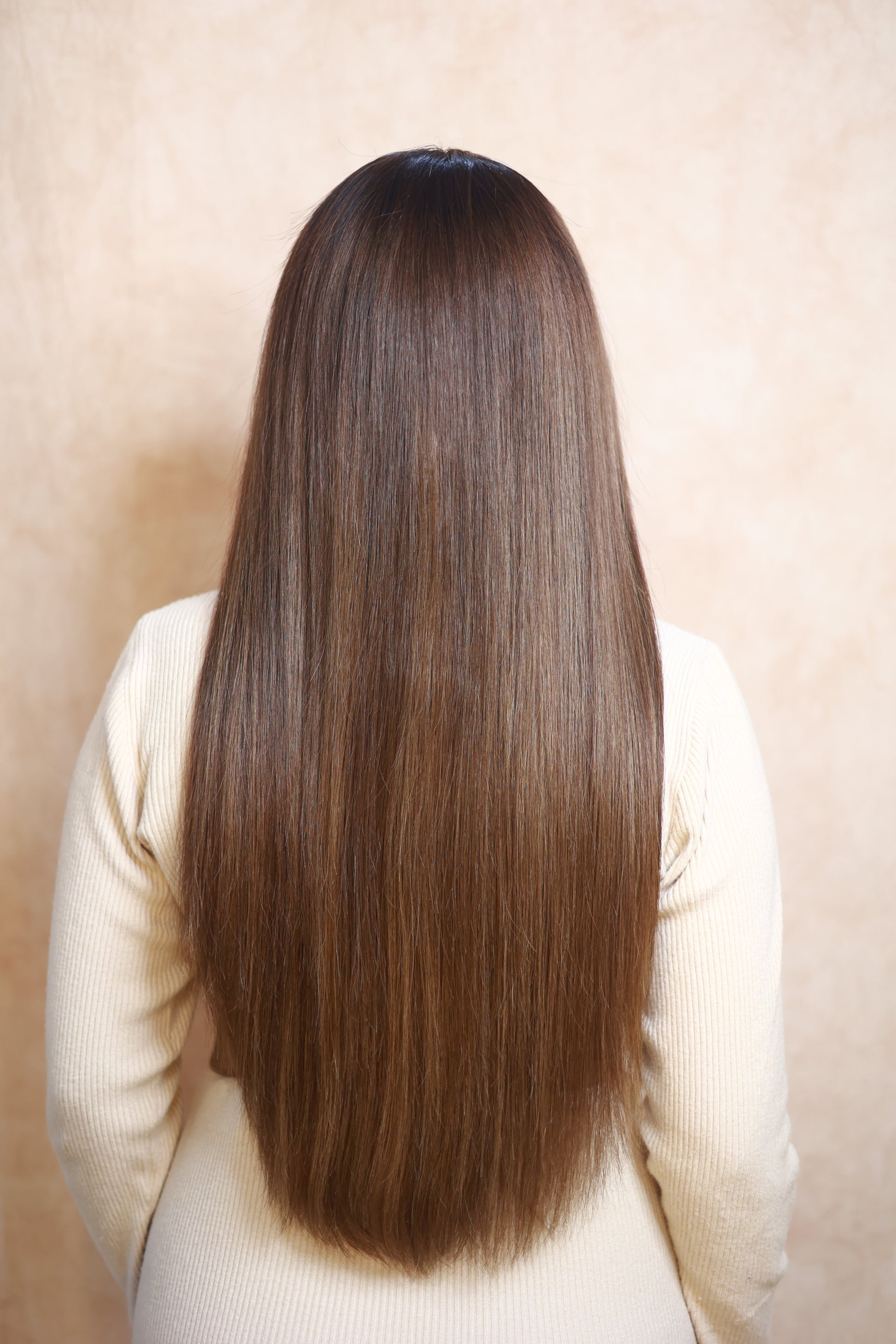 Model wearing COCO straight brown human hair wig with highlights, HD lace, glueless and clipless design, free parting, and breathable construction for all-day comfort