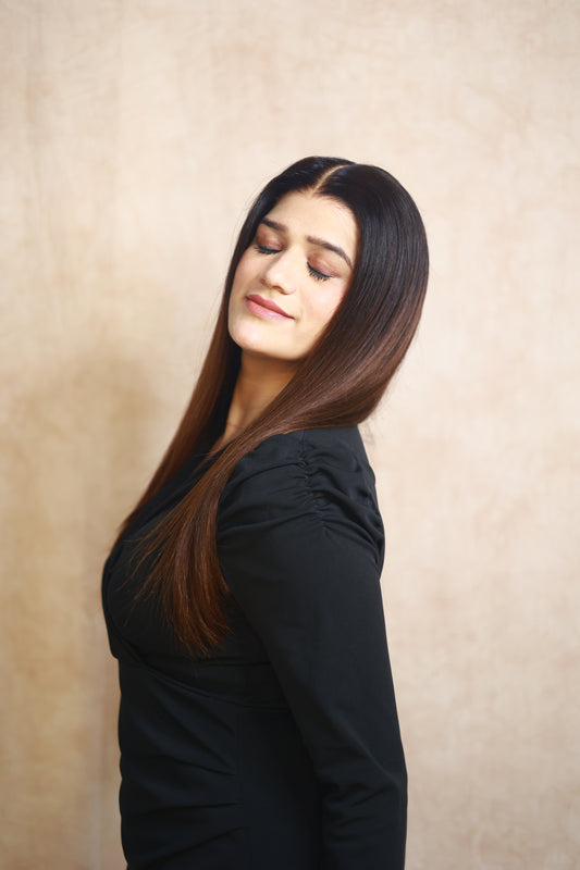Model wearing HAZEL straight chocolate brown human hair wig with HD lace, glueless and clipless design, free parting, and breathable construction for all-day comfort; also great for medical use