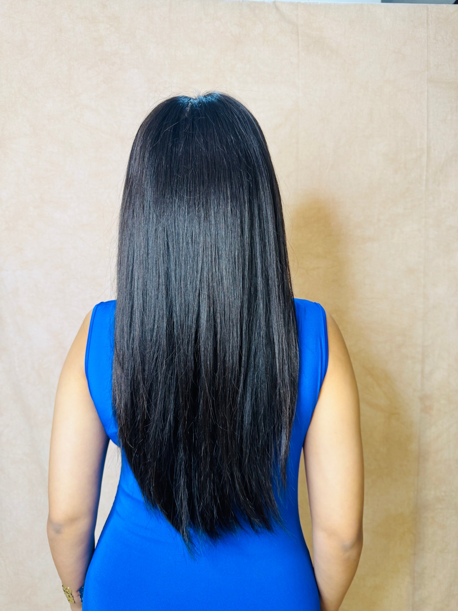 Model wearing RUBY short straight natural black human hair wig with HD lace, glueless and clipless design, free parting, and breathable construction for all-day comfort; also great for medical use