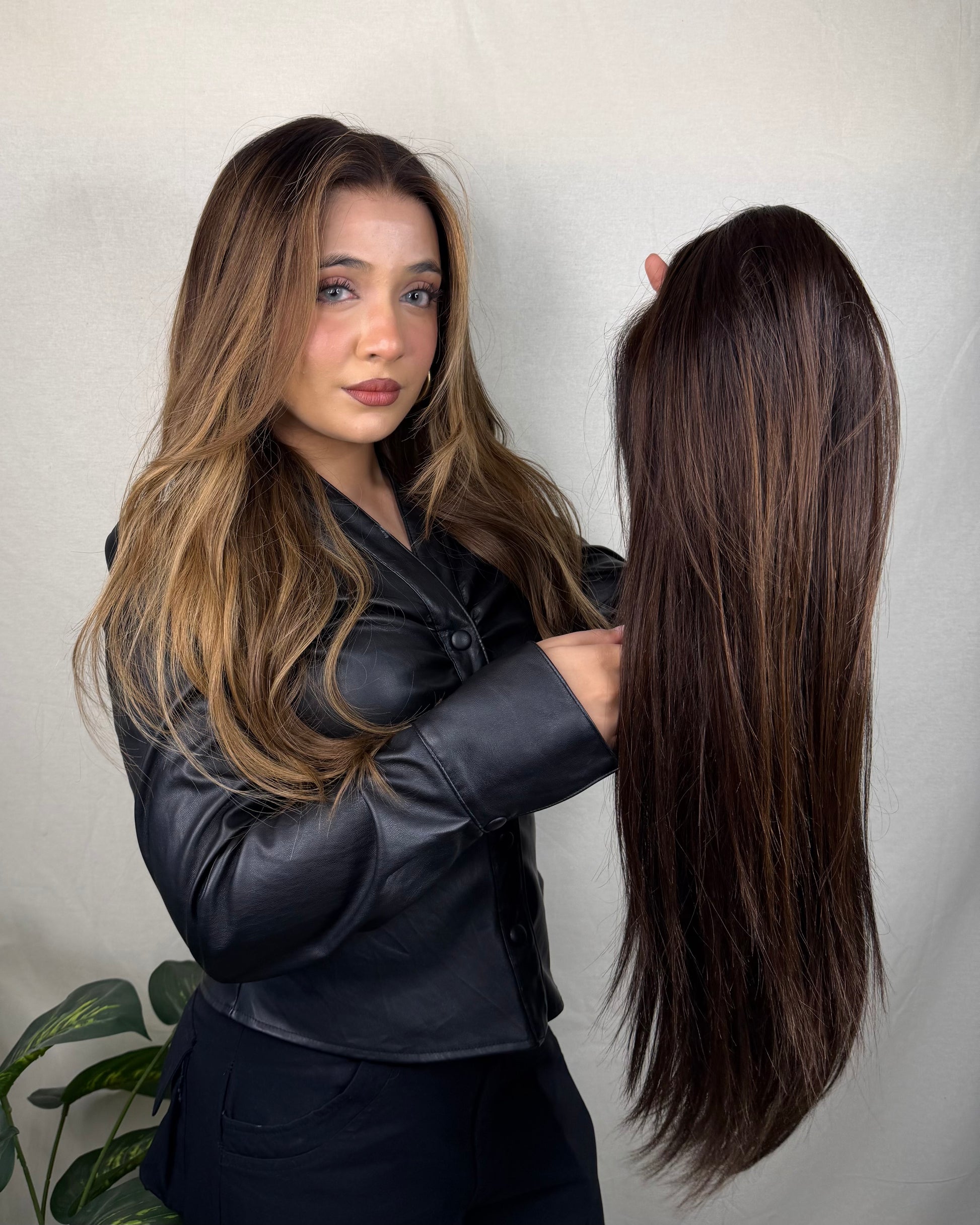 Bella glueless HD lace wig with sleek straight brunette hair
