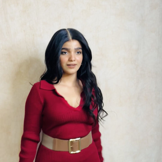 Model wearing GIGI 20-inch natural black wavy human hair wig with HD lace, glueless and clipless design, free parting, and breathable construction for all-day comfort